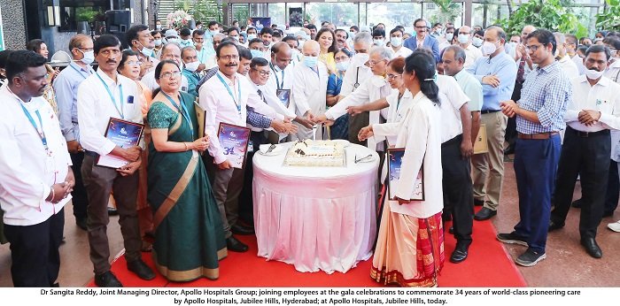 Dr Sangita Reddy, Joint Managing Director, Apollo Hospitals Group; joining employees at the gala celebrations to commemorate 34 years of world-class pioneering care by Apollo Hospitals, Jubilee Hills, Hyderabad; at Apollo Hospitals, Jubilee Hills, today.