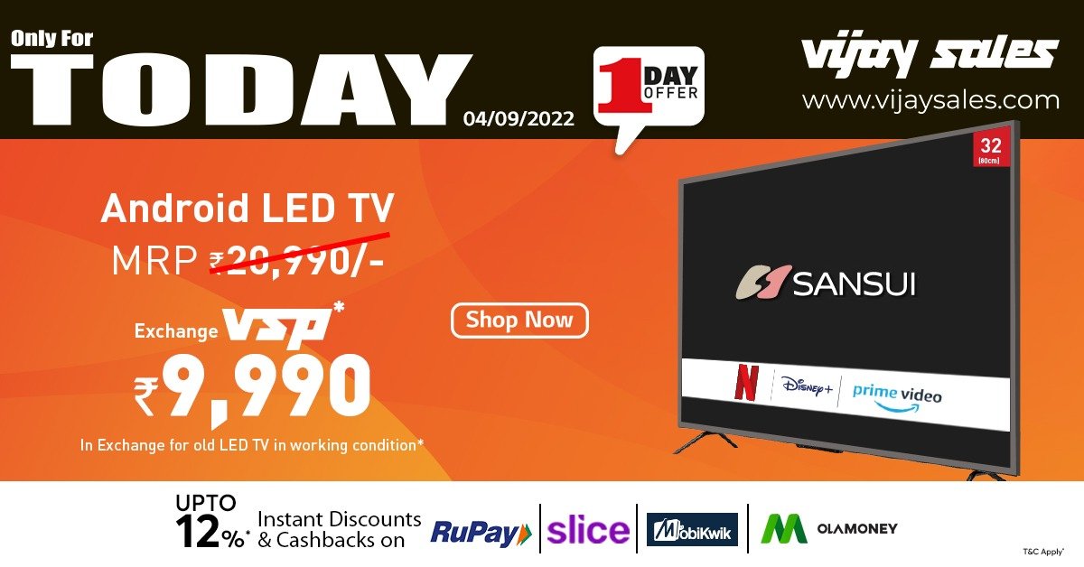Vijay Sales announces 1 Day Offer; Unbeatable discount on 32-inch Sansui Smart Television