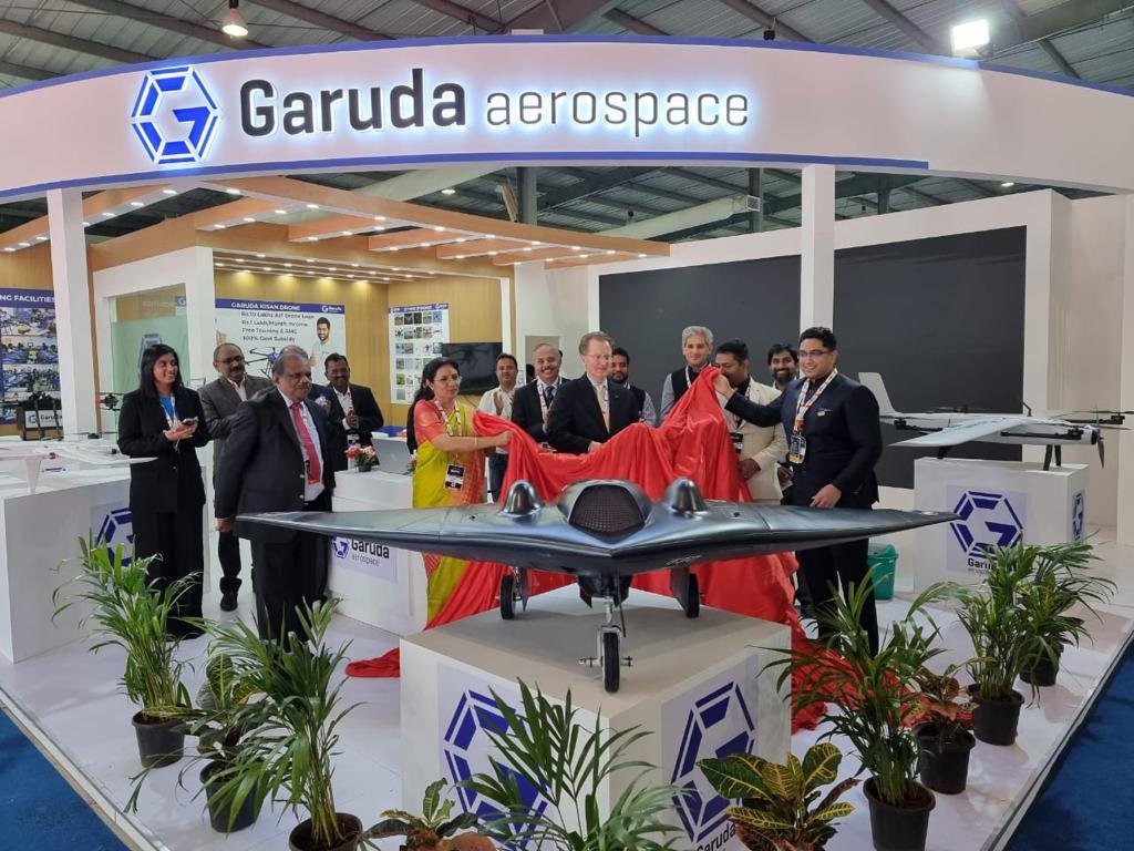 Garuda Aerospace showcases their latest Vajra Drone at the Defence Expo 2022.