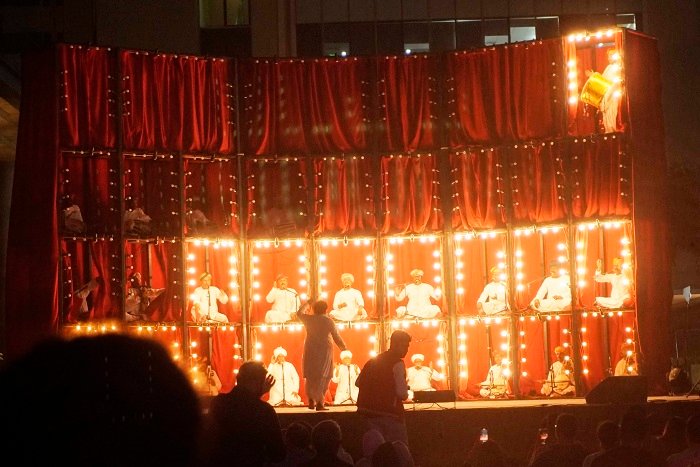 The Manganiyar Seduction, a live music featuring 40 Rajasthani musicians staged in a four-storey bank of small pods, each one framed by lightbulbs took the audience with never before experienc--2