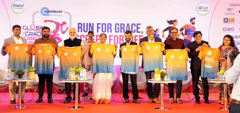 Dr Chinnababu_Yogendranath_Ajay Mishra_Seethakka_Dr Praveen Gorukanti_Prashanth Nadella_Ramesh Kaza_ Ali and Dr Prameela seen unveiling T Shirt of the Grace Cancer Awareness Run